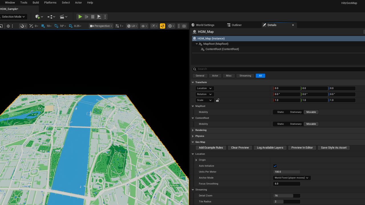 Unreal Editor with the map previewed in the viewport and the map actor settings in the Details panel