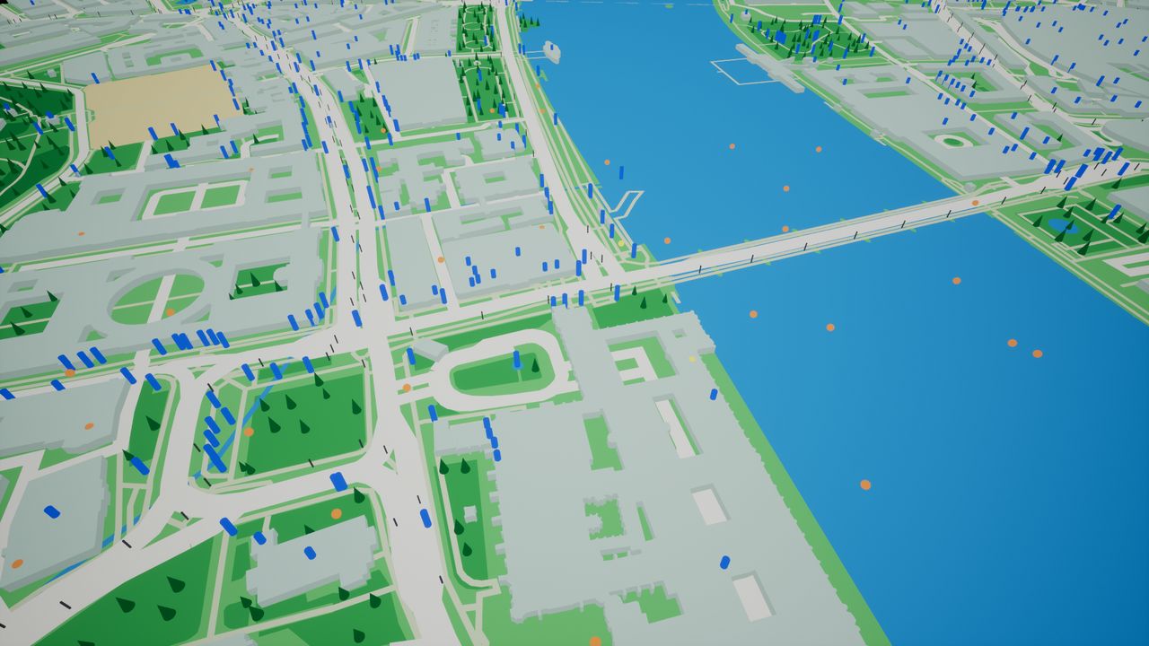 Westminster and the Thames built as 3D map geometry with trees, road posts and markers