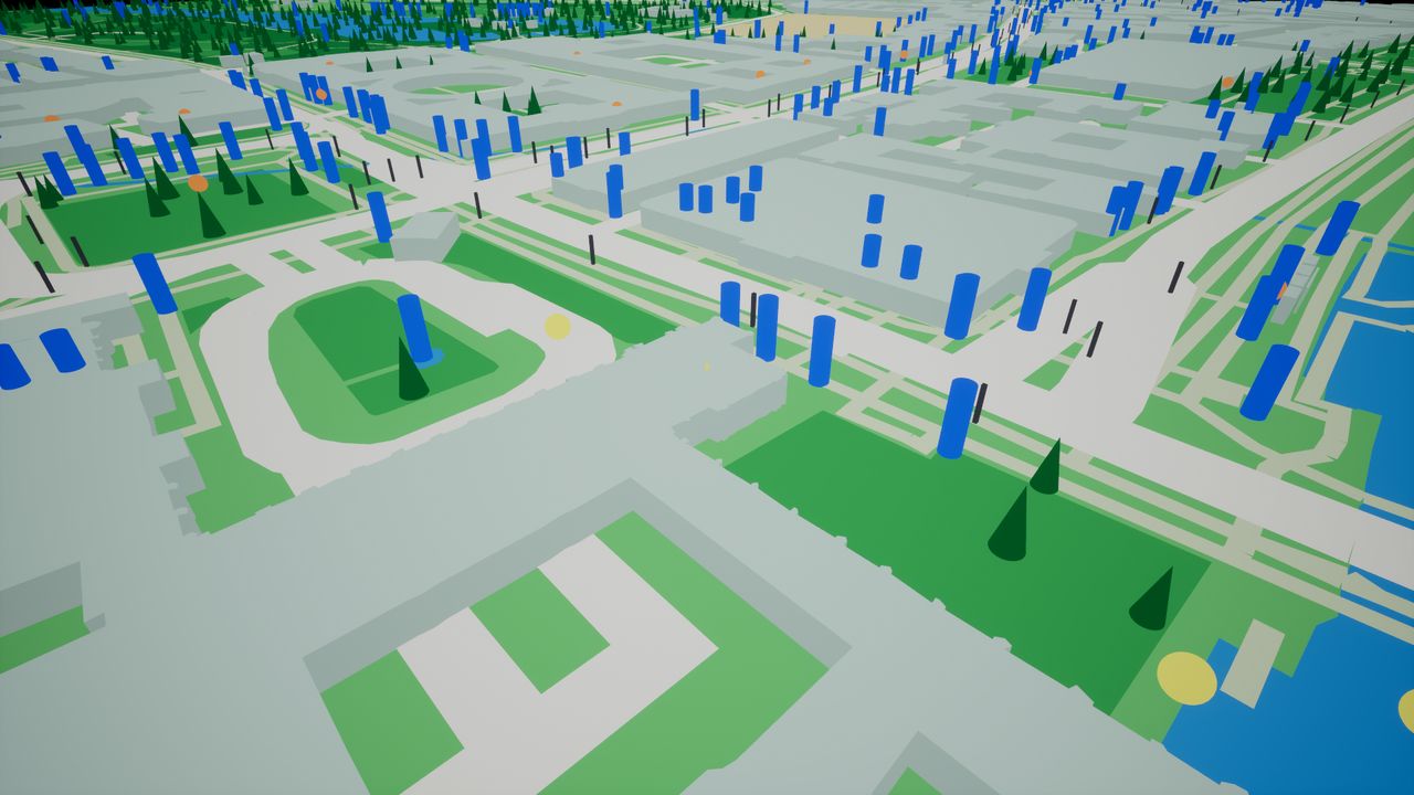 Close view of meshes placed on parks, roads and points of interest