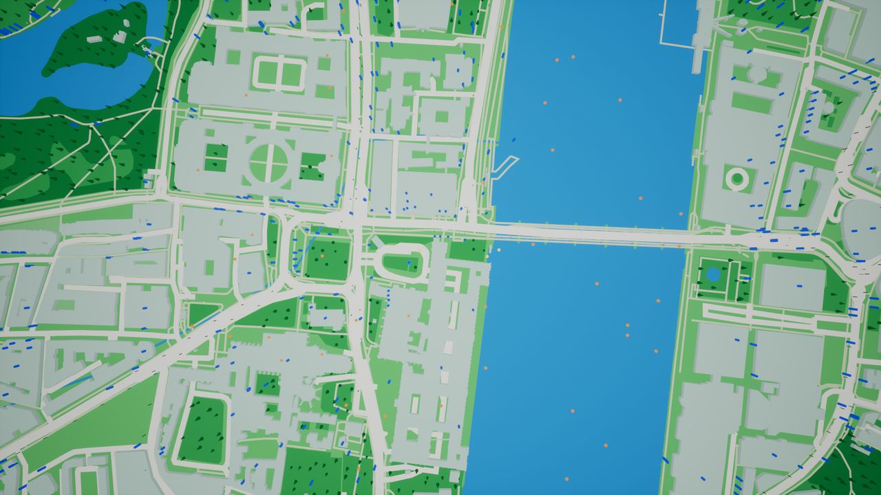 Top-down camera over the river and bridge